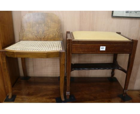 A walnut Art Deco chair and an inlaid piano stool W.54cm