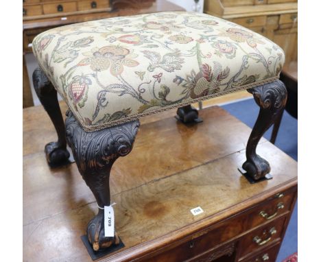 A George III style mahogany upholstered cabriole leg stool, W.59cm