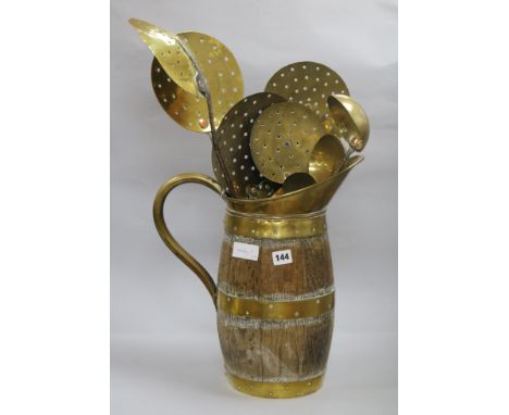 A collection 18th / 19th century brass and iron cream skimmers, ladles and a toasting fork & a staved and coopered brass moun