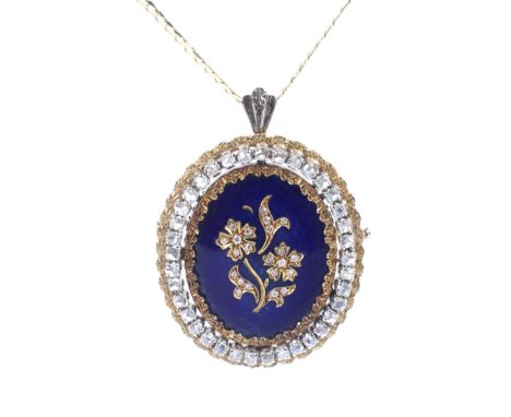 A vintage Continental gold, blue enamel and diamond oval brooch/pendant and a chain. The pendant probably Italian, centred wi