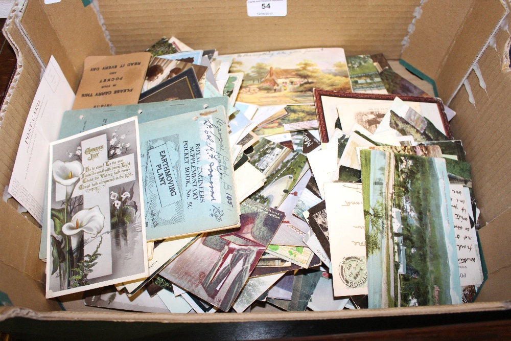 A box of various postcards