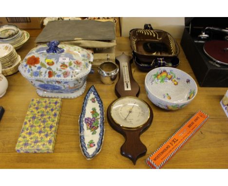 A Victorian style ironstone tureen and cover; a reproduction mahogany barometer; a slip ware cooking dish; a bread knife; a C