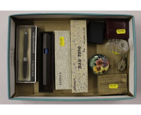 A tray of various pens; an old Tupton ware trinket box etc.