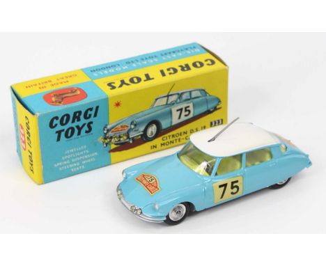 Corgi Toys, 323, Citroen DS19 in Monte Carlo Trim, light blue and white body with yellow interior and RN75, housed in the ori