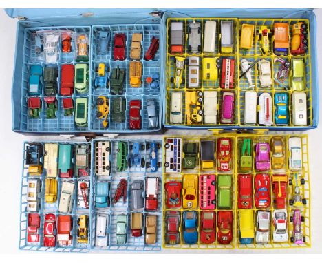 Two Matchbox cases and contents to include; No.28 Dump Truck, No.3 Mercedes Benz Ambulance, No.17 Horse box and others