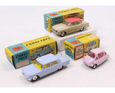 A Corgi Toys group of three to include Corgi 234 Ford Consul Classic comprising cream body with yellow interior and pink roof