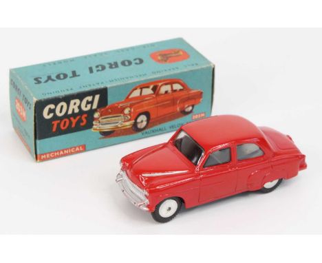 Corgi Toys, 203M Vauxhall Velox saloon, red body with silver detailed grille, flat spun hubs with flywheel motor, in the orig