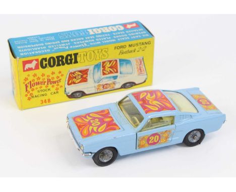 Corgi Toys No. 348 Ford Mustang 2+2 "Flower Power" Stock Racing Car in lilac/blue with psychedelic decals with RN20, a pale g