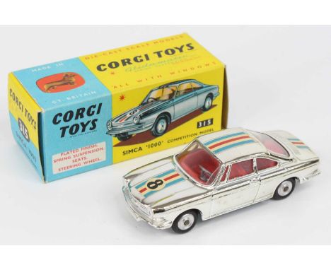 Corgi Toys No. 315 Simca 1000 Competition Model, comprising of chrome body with red interior and blue, red and white racing s