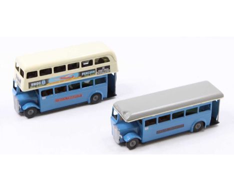 A Triang Minic repainted London Transport bus group to include a double decker finished in light blue and cream, with reprodu