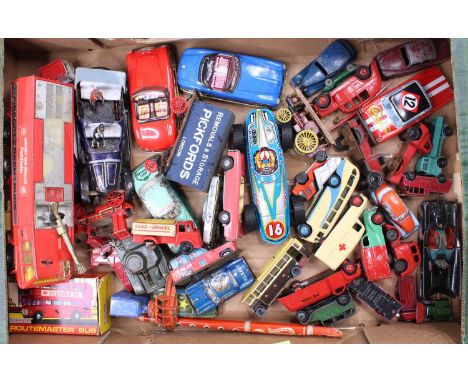 One tray containing a quantity of diecast and tinplate Dinky Toy, Corgi, Spot-On and similar diecast vehicles and accessories