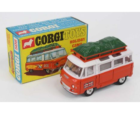 Corgi Toys No. 508 Commer Holiday Camp bus comprising of orange and white body with three suitcases and green roof luggage lo
