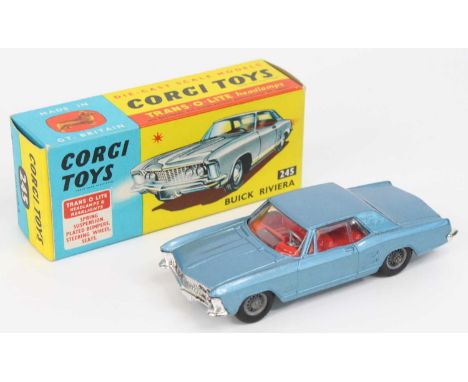 Corgi Toys No. 245 Buick Riviera comprising of metallic blue body with red interior and wirework wheel hubs, all suspension i