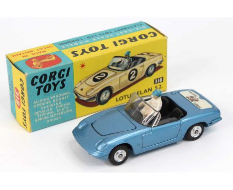 Corgi Toys No. 318 Lotus Elan S2 comprising of metallic blue body, spun hubs, driver figure and black interior, finished with