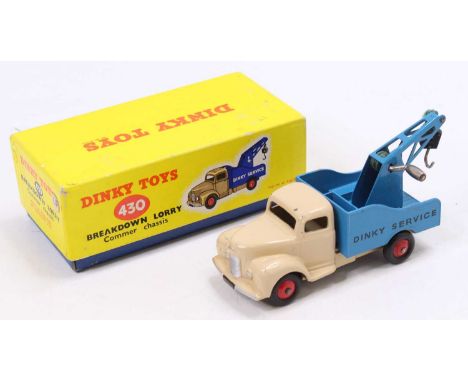 A Dinky Toys No. 430 breakdown lorry comprising of rare cream cab and chassis with light blue back and red hubs, housed in th