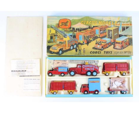 Corgi Toys Gift Set No. 23 Chipperfields Circus comprising booking van, circus crane truck, two animal cage wagons, Land Rove