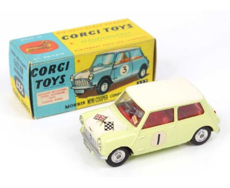 Corgi Toys, 227 Morris Mini Cooper competition model, primrose yellow body, red interior, white roof and bonnet with flags, R