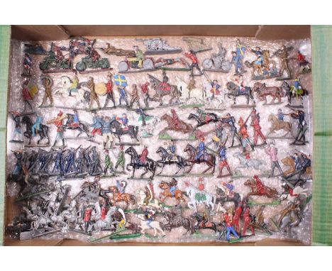 A large tray of German, European and British old early lead flat and demi ronde figures in lead, mixed makers and scale, moun