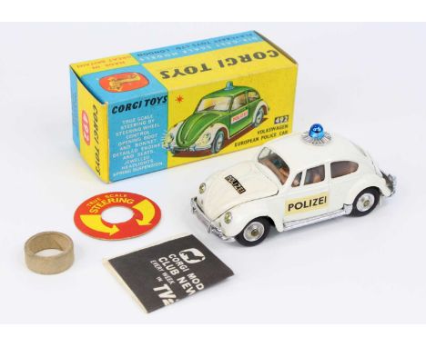 Corgi Toys, 492 VW European Police car, white body with light brown interior, 2 figures, with Polizei to doors and blue light