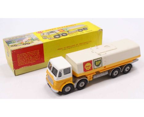 Dinky Toys No. 944 Shell BP Leyland Octopus Petrol Tanker comprising white, yellow and grey body with grey plastic hubs, in t