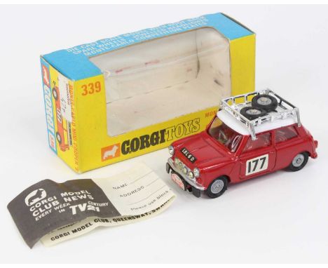 Corgi Toys, 339 Mini Cooper S Monte Carlo Winner, red body with white roof, racing number 177, 2 spare wheels in roof rack, i