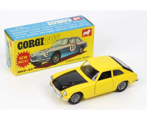 Corgi Toys No. 345 MGC GT competition model comprising of yellow and black body with wire work hubs, sold in the original blu