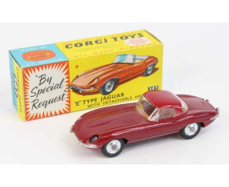 Corgi Toys, 307 'E' type Jaguar with detachable hard-top, plum red body and top, club leaflet in yellow and blue box (NM-M,BN