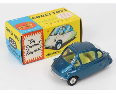 Corgi Toys, 233 Heinkel Economy Car, metallic blue body with yellow interior, flat spun hubs, all card box with leaflet (NM-B