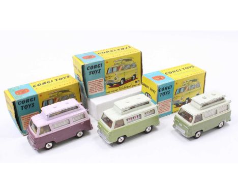 A Corgi Toys group of three Corgi 420 Ford Thames "Airborne" Caravans, the first is an olive green lower body with pale green