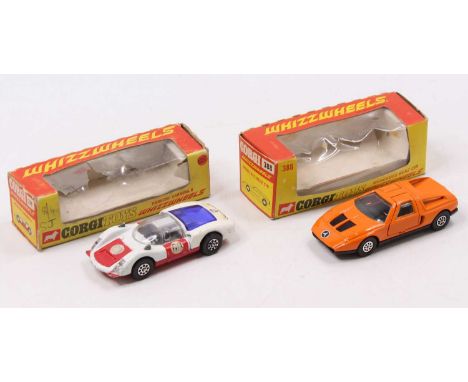 Two Corgi Whizzwheels Models to Include Porche Carrera 371 In White and Red Body Together with Mercedes-Benz C111 No.388 In O