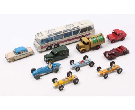 Dinky Toys Group Of Seven Models To Include; 472 Austin Van '' Raleigh Cycles'' In Green Body, 1950s Mersey Tunnel Police Lan