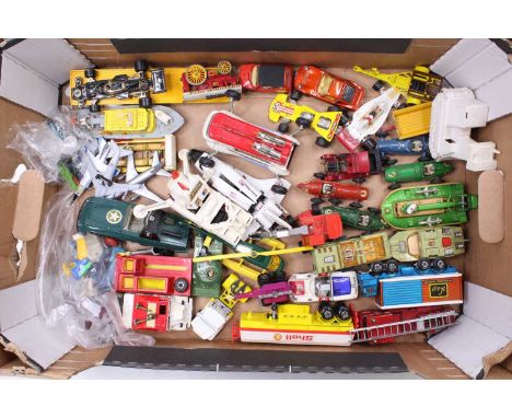 One tray containing a quantity of mixed play worn Matchbox, Dinky Toy, and similar diecast vehicles including Crescent Race C