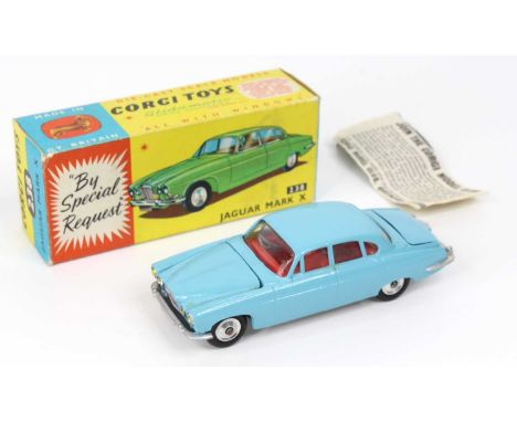 Corgi Toys, 238, Jaguar Mark X, light blue body with red interior, jewelled headlights with spun hubs and silver detailing, t