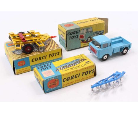 A Corgi Toys group of three to include a Corgi 409 Forward Control Jeep FC-150 in light blue, a Corgi 61 Four Furrow Plough w