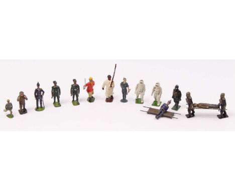 One tray of Britains and similar lead hollow cast miniatures to include English and foreign military, firefighters, ARP figur