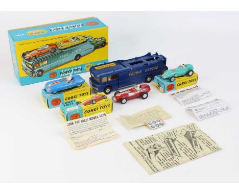 Corgi Toys, Gift Set 16, Ecurie Ecosse racing transporter set and 3 cars, comprising of 1126 Ecurie Ecosse, metallic blue wit