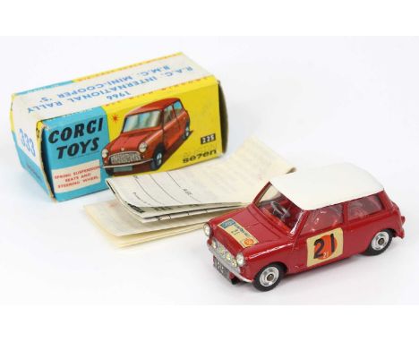 Corgi Toys, No.333 BMC Mini Cooper S "RAC International Sun Rally", red body and interior, white roof, spun hubs, racing No.2