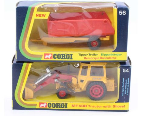 A Corgi Toys No. 54 Massey Ferguson 50B tractor with shovel, together with the matching No. 56 Tipper Trailer, both housed in