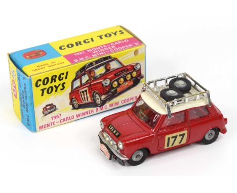 Corgi Toys, 339 Mini Cooper S Monte Carlo Winner, red body with white roof, racing number 177, 2 spare wheels in roof rack, i