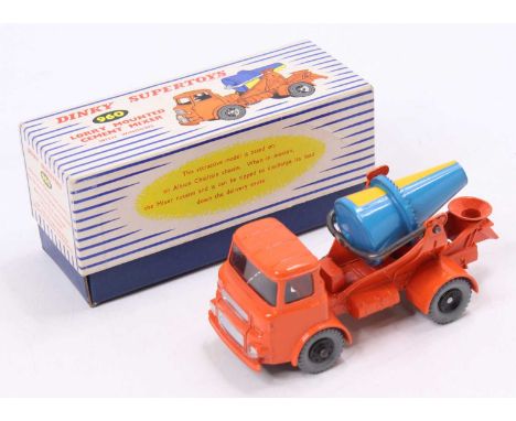 A Dinky Toys No.960 lorry mounted cement mixer, comprising orange body with blue and yellow rotating drum, with black plastic