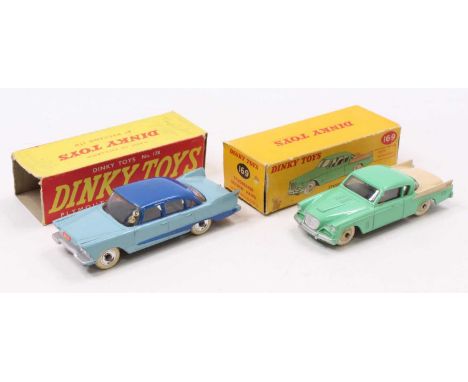 A Dinky Toys group of two to include a Dinky 178 Plymouth Plaza with light blue body, dark blue roof and flash with spun hubs