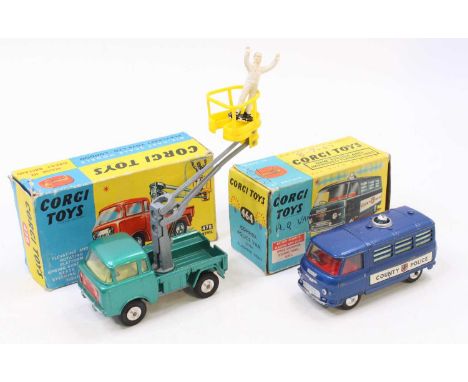 A Corgi Toys group of two to include 478 Hydraulic Tower Wagon on Forward Control Jeep FC-150, in green with cream interior a