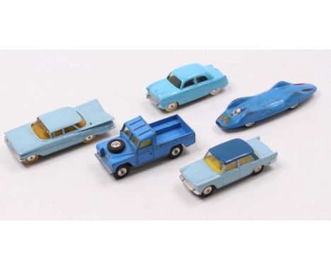 Corgi Toys Group Of Five Models To Include; Protues Cambell Blue Bird 153, Ford Consul In Light Blue Body, Fiat 1800 In Light