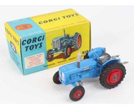 Corgi Toys, 55, Fordson Power Major Tractor, blue bodu with red plastic hubs, in the original blue and yellow card box, with 