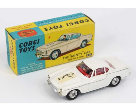 Corgi Toys No. 258 The Saint Volvo P1800 car comprising white body with white bonnet transfer, red interior and driver figure