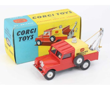 Corgi Toys, 417 Land Rover breakdown truck, red body with yellow tinplate canopy, flat spun hubs, in the original blue and ye