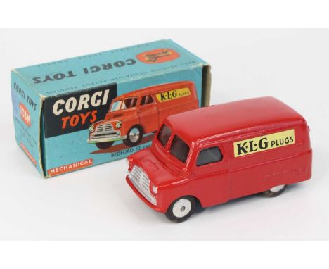 Corgi Toys, 403M, Bedford KLG Plugs Delivery Van, red body with mechanical motor, spun hubs, with original leaflet (NM-BVGNM)