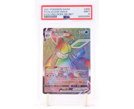 A PSA Graded 2021 Pokemon Sword and Shield Evolving Skies "Glaceon" VMAX Full Art Secret Rare number 208/203 graded Mint 9 (P