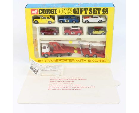 Corgi Toys, GS48 Transporter gift set to include Scammell Car Transporter finished in two-tone red, white cab and cast hubs w