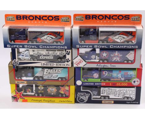 One tray containing a quantity of Matchbox 1990s release limited edition NFL and University Football diecast tractor units an